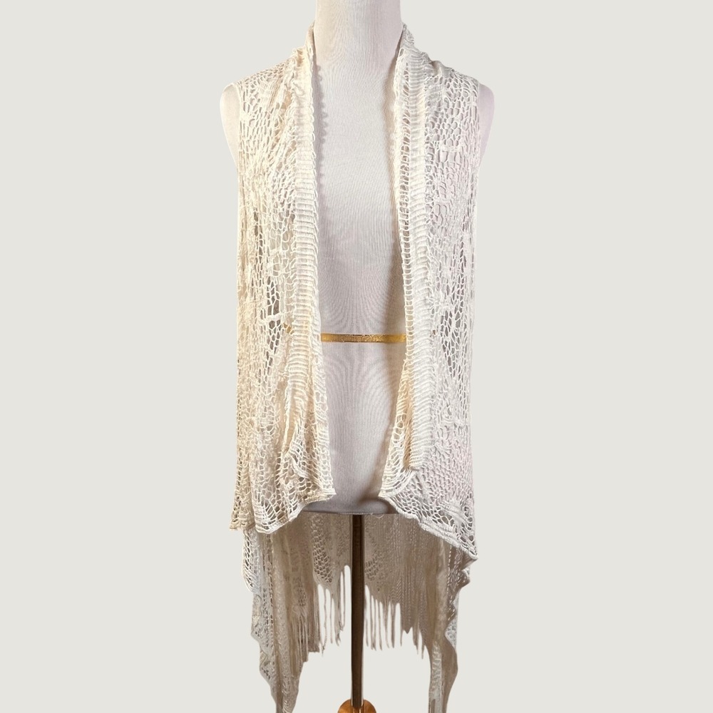Cream Ivory Crochet Fringe Vest Boho Open Knit Sleeveless Draped Cardigan OSFM